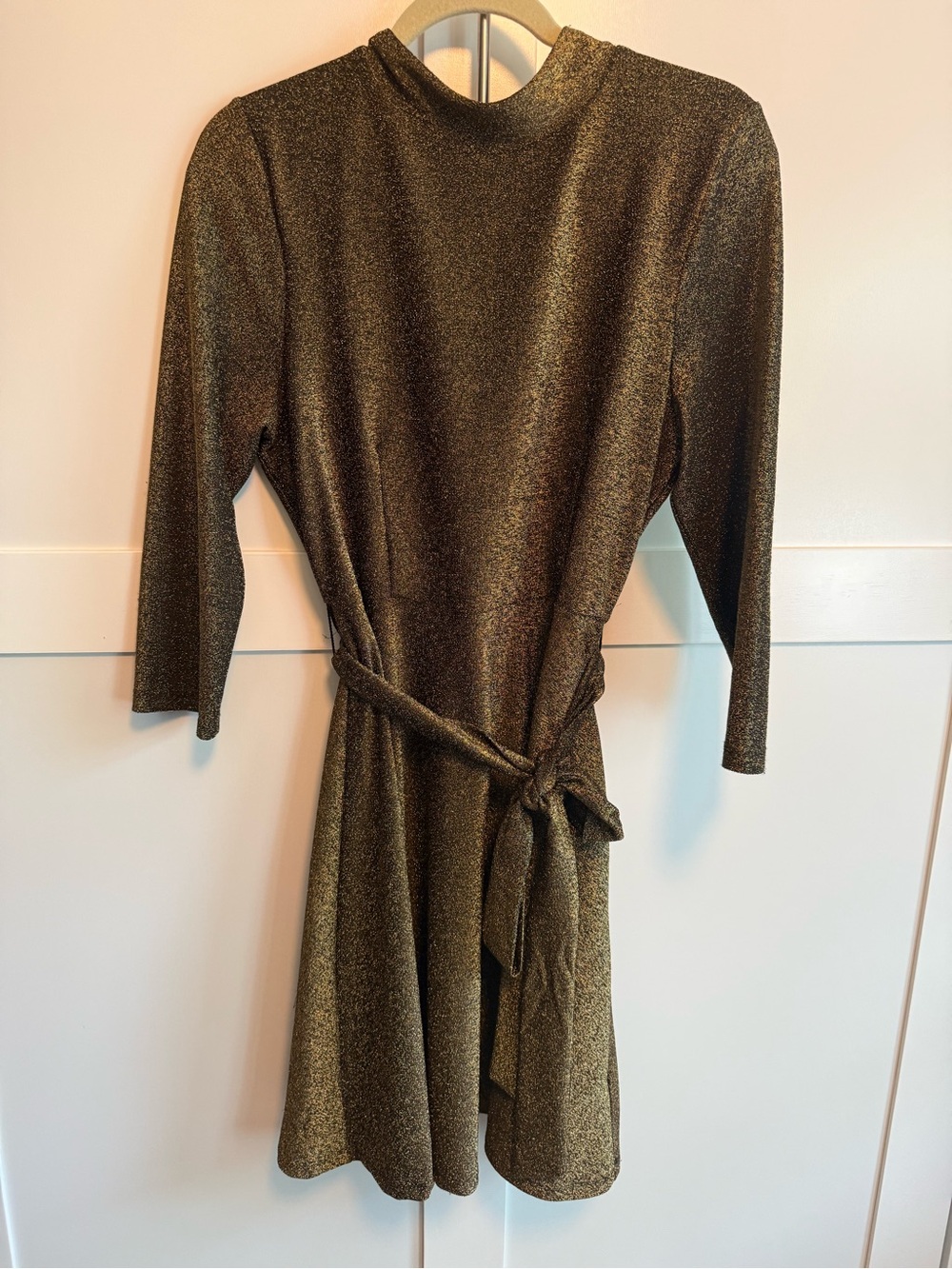 Long Sleeve Metallic Tie-Waist Dress in Gold